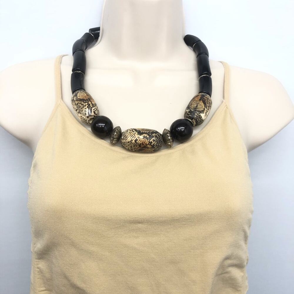 Vintage Black Tan Chunky Necklace Bracelet Earrings Set - Picture 15 of 16